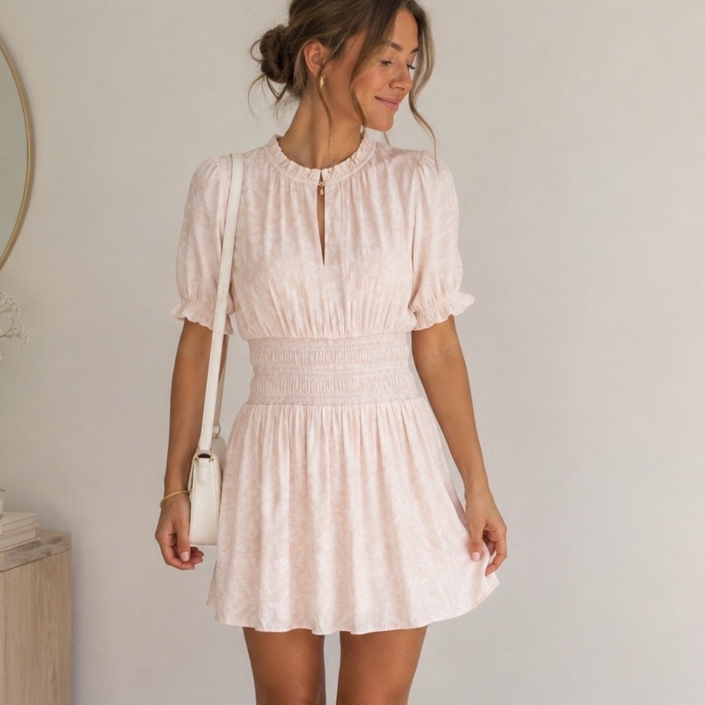 Nine West Smocked Waist Mini Dress‎ Pink White Size S Ruffle Neck Puff Sleeve